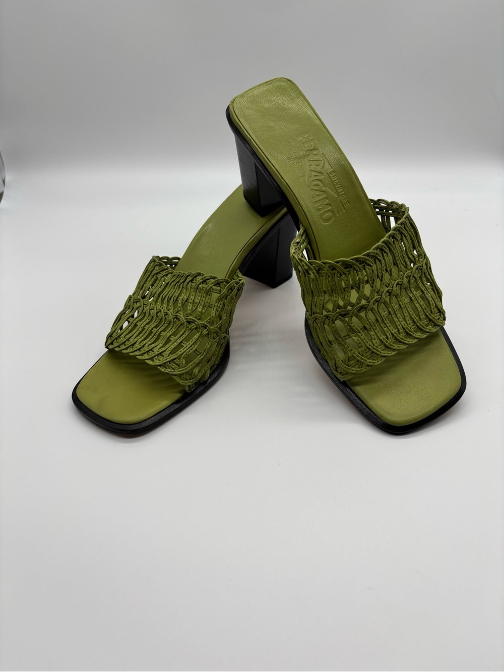 Salvatore Ferragamo Olive Green Braided Slide Mules - Picture 2 of 7